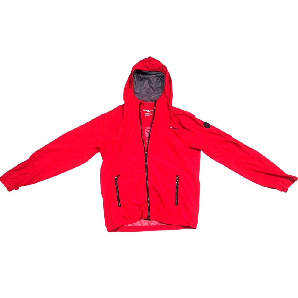 Hawke & Co Red Hooded Windbreaker Jacket Men's M Zip Logo Accent